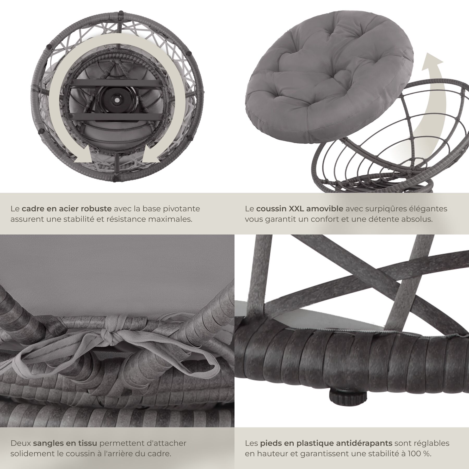 Fauteuil papasan rotin en résine tressée et acier rotatif avec coussin rond et confortable TECTAKE - 5