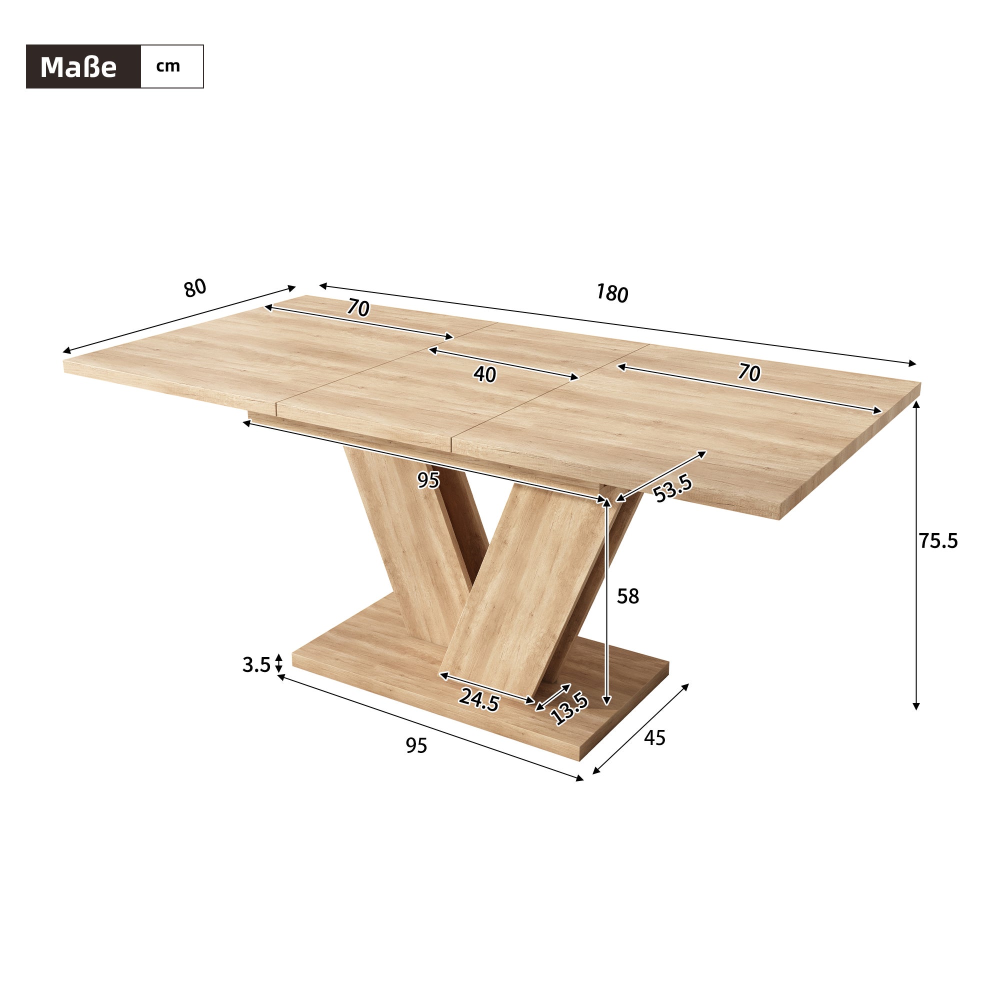 Table à manger extensible 140-180x80 cm pour 4-8 personnes -style minimaliste et Pieds Design en V - design fonctionnel pour salle à manger - Chêne - 4