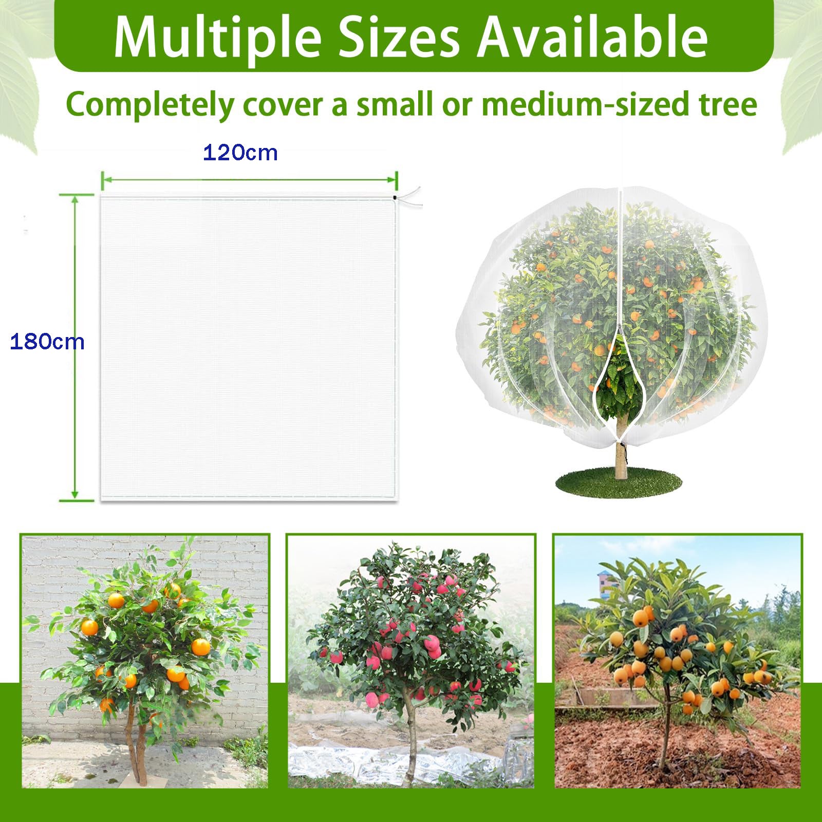 3PCS Rede para árvores frutíferas, bolsa de malha anti-insetos com zíper e cordão, rede de proteção de plantas (120 x 180 cm) - 3