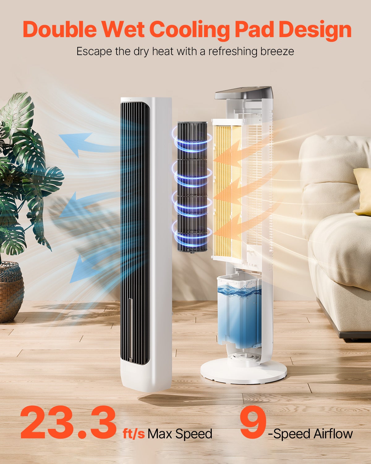 Ventilateur Colonne 1017 mm, Tour Oscillant 70° Silencieux, 7 m/s, Vitesses Réglables, Minuterie 24 h, Télécommande, Chambre, Bureau VEVOR - 3