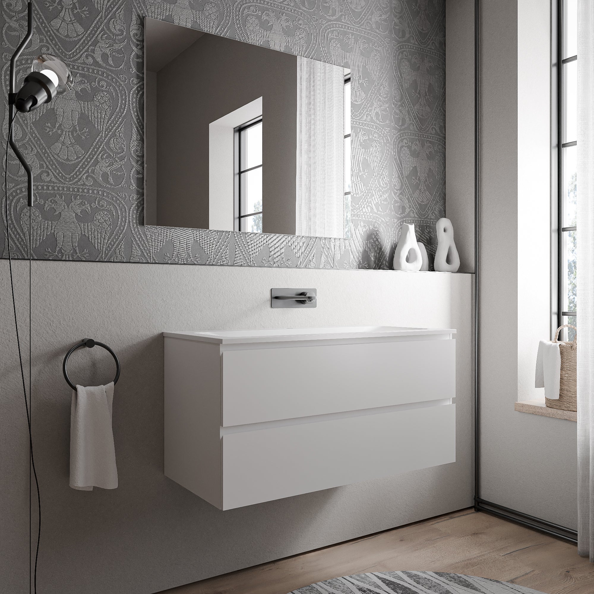 BERNSTEIN - Mobile lavabo sospeso MDF Bianco opaco Lavabo ghisa Bianco ...