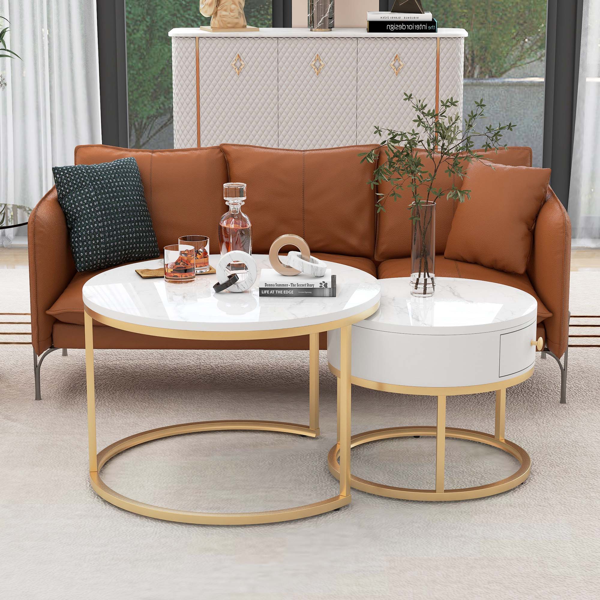 Table d'appoint ronde avec dessus en marbre, table d'appoint blanche moderne avec structure en métal doré｜Homary