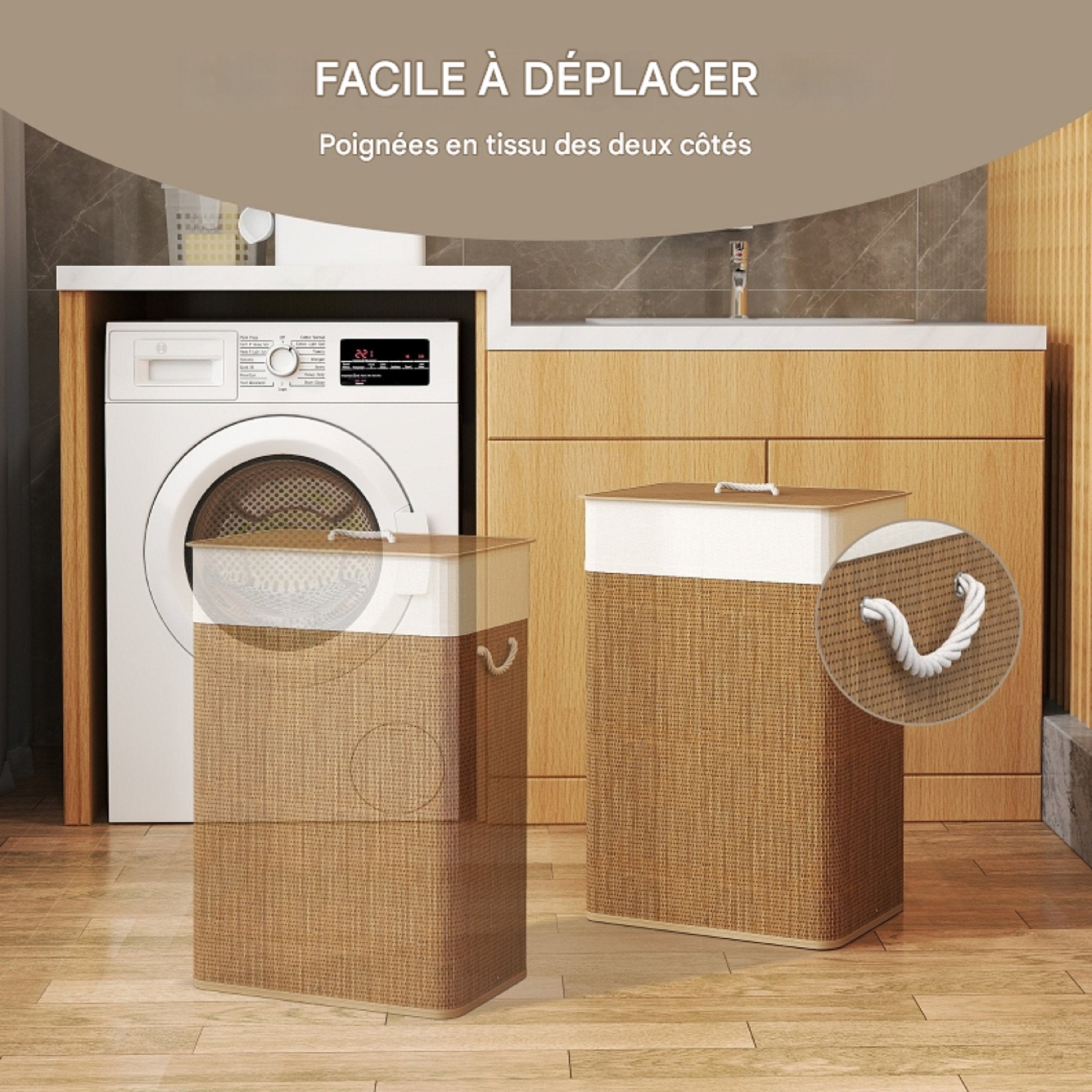 Panier à linge en bambou avec couvercle, 72 L, poignées en corde, sac à linge amovible, panier à linge - marron - 8