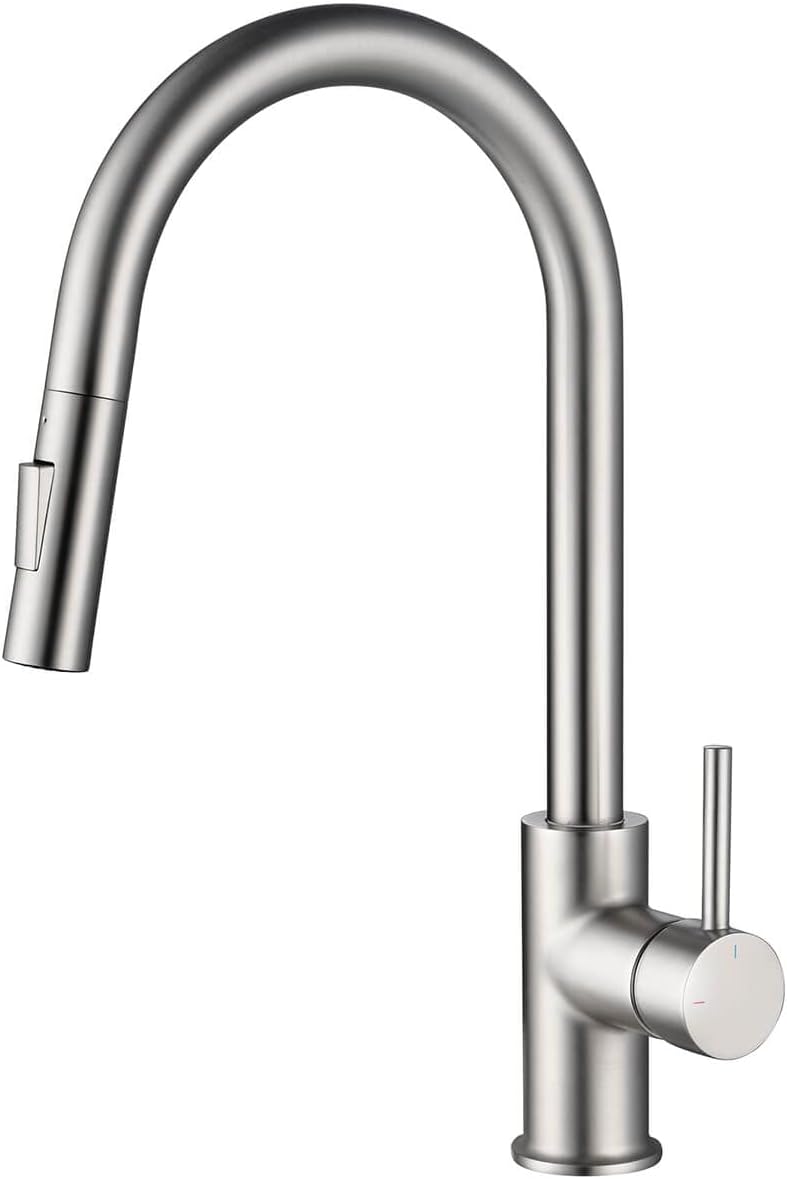 Okrągła bateria jednouchwytowa do zlewu kuchennego, wylewka o wysokim łuku wykonana z litego mosiądzu, bateria kuchenna z wyciąganą wylewką