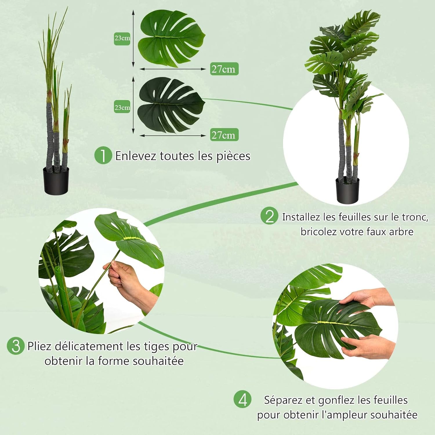 Pianta Finta 120 cm, Albero di Filodendro Artificiale con Foglie in Plastica PE, 3 Rami e 20 Foglie e Supporto in Cemento, Ideale per Casa, Uf - 3