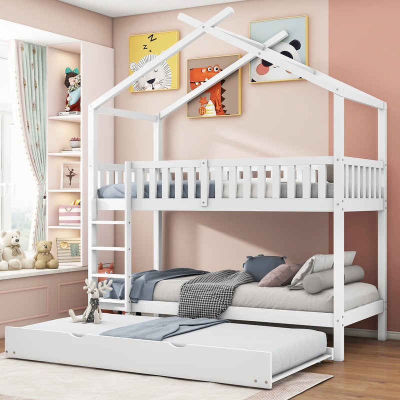 Leroy Merlin Litera 90X200 Cm Cama Infantil Con Cama Nido 90X190,Barreras Y Escalera, Litera Triple Con Somier De Láminas,Litera Juvenil,Madera De Pino, Blanco 