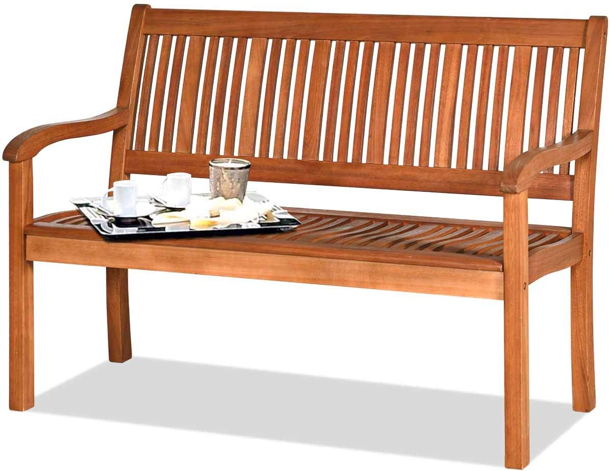 Ławka ogrodowa z drewna, nośność do 320 kg, 2–3-osobowa, masywna ławka drewniana, z eukaliptusa, na taras, balkon, do ogrodu, 126 x 63 x 91 cm