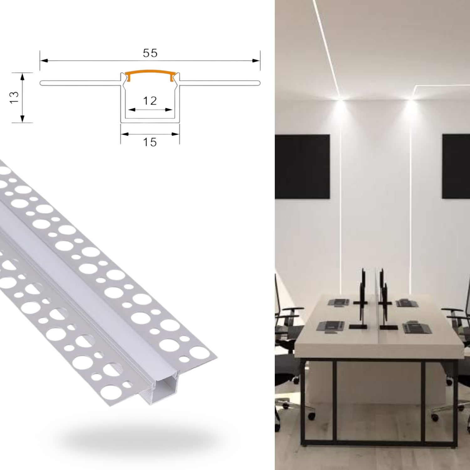 2 Mètres - Profilé Plat pour Ruban Led - Profil Aluminium pour Assemblage de Panneaux Placoplatre Plaque de plâtre - Barre Rail + Coque - 3