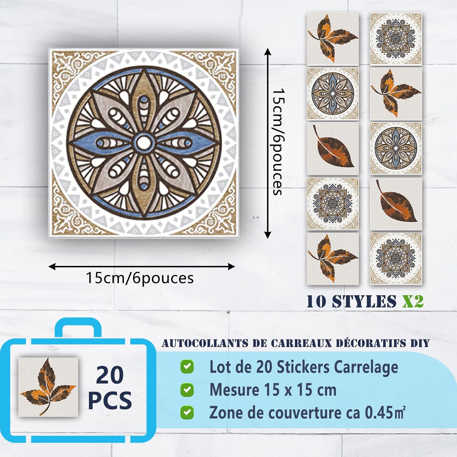 Naklejki na płytki retro do łazienki i kuchni DIY, olejoodporne, samoprzylepne, PVC, dekoracja w stylu marokańskim, brązowe liście klonu (20,15 x 15 c - 2