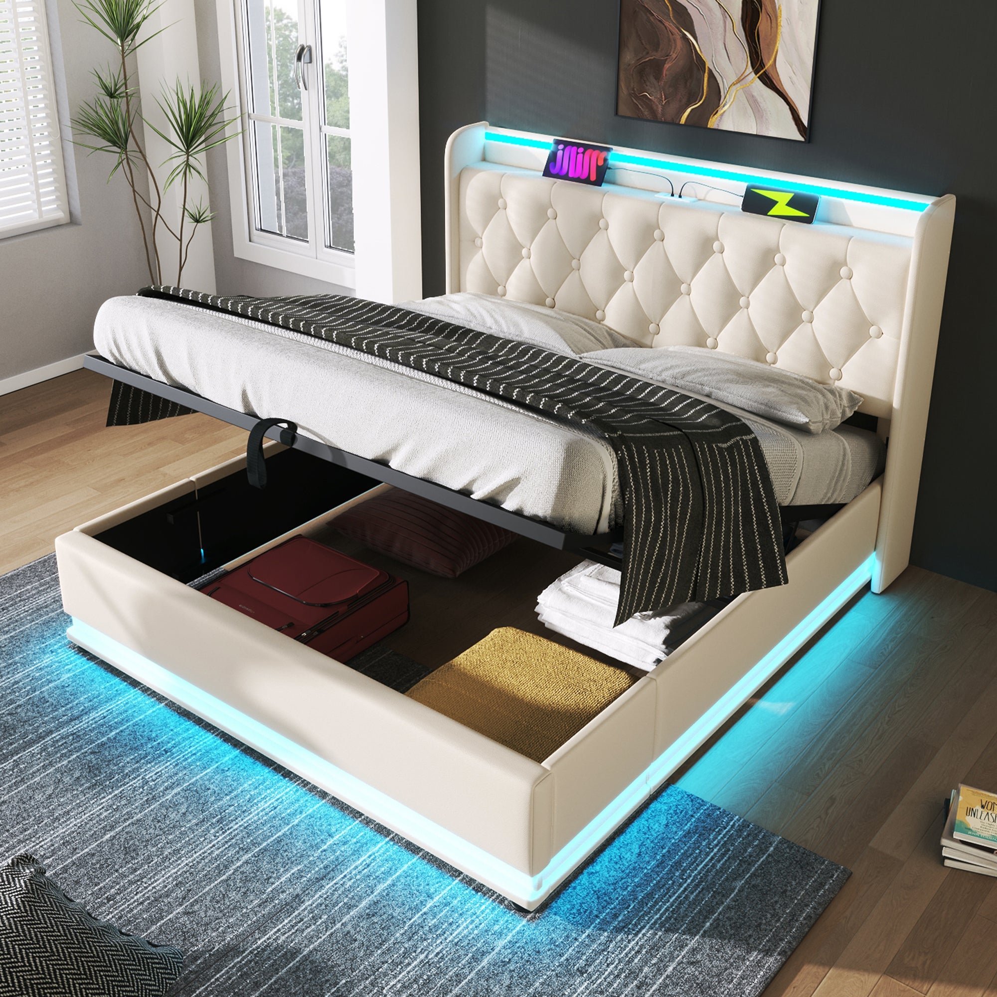 Lit Coffre Avec Rangement - 160 X 200 Cm - Cuir Pu - éclairage Led - Sommier à Lattes - Blanc (sans Matelas) | Leroy Merlin