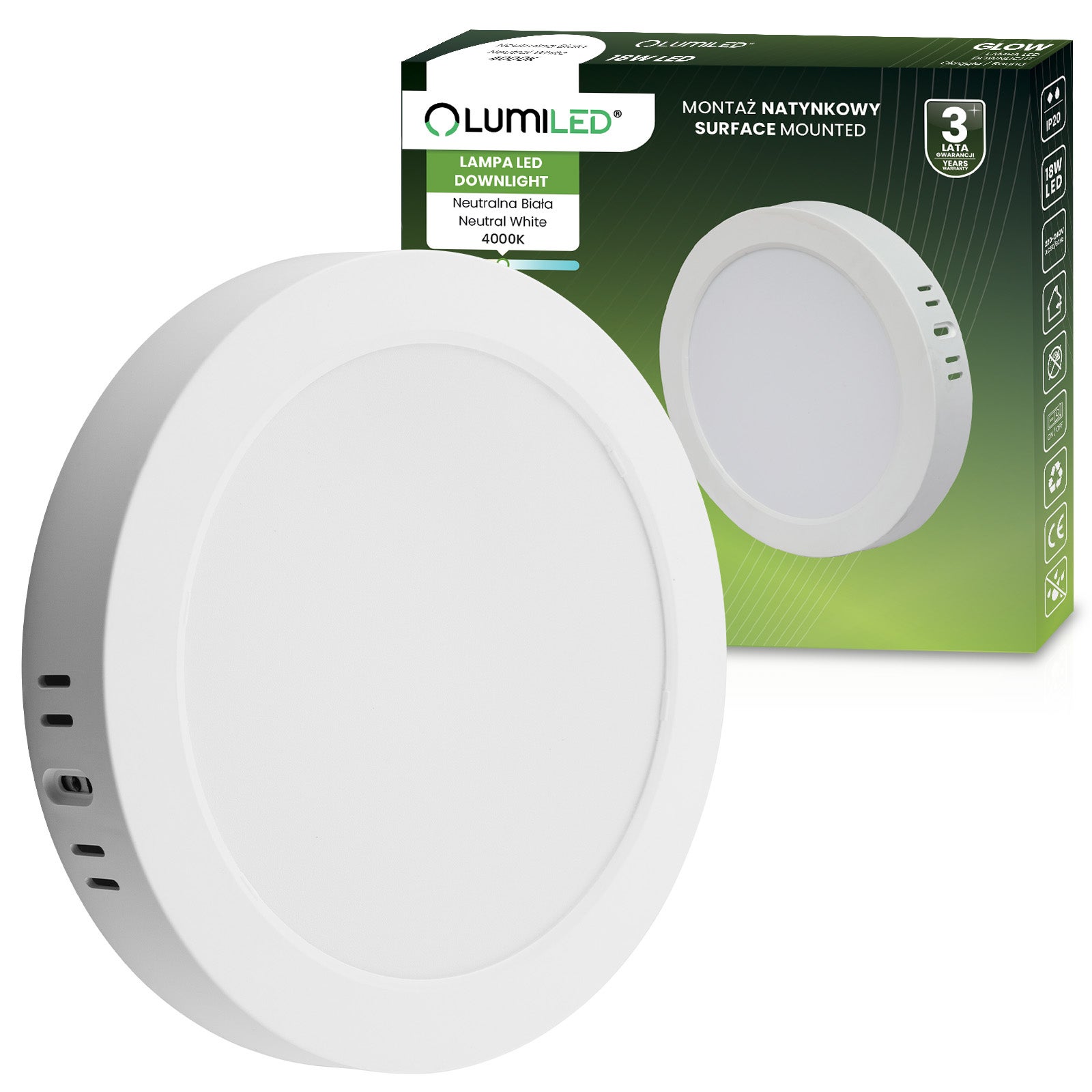 Oprawa Natynkowa Lumiled Lampa LED Sufitowa 18W Kwadrat 4000K Neutralna biel Biała 1 szt.