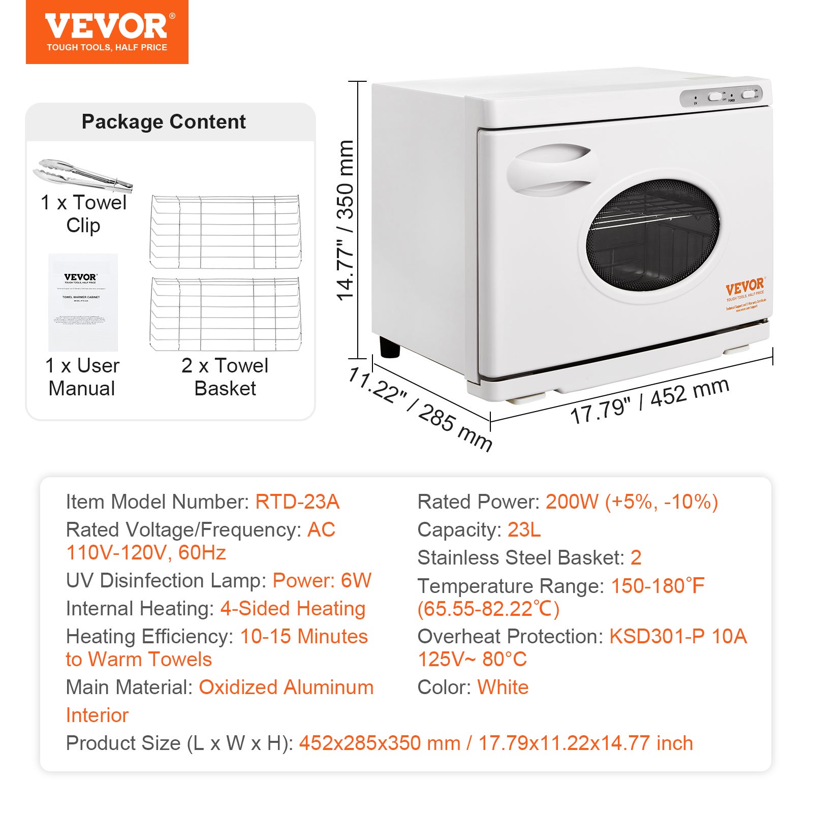 Aquecedor e esterilizador de toalhas VEVOR de 23 litros com luz UV e 2 cestos em aço inoxidável, aquecimento rápido, capacidade para até 54 toalhas - 7