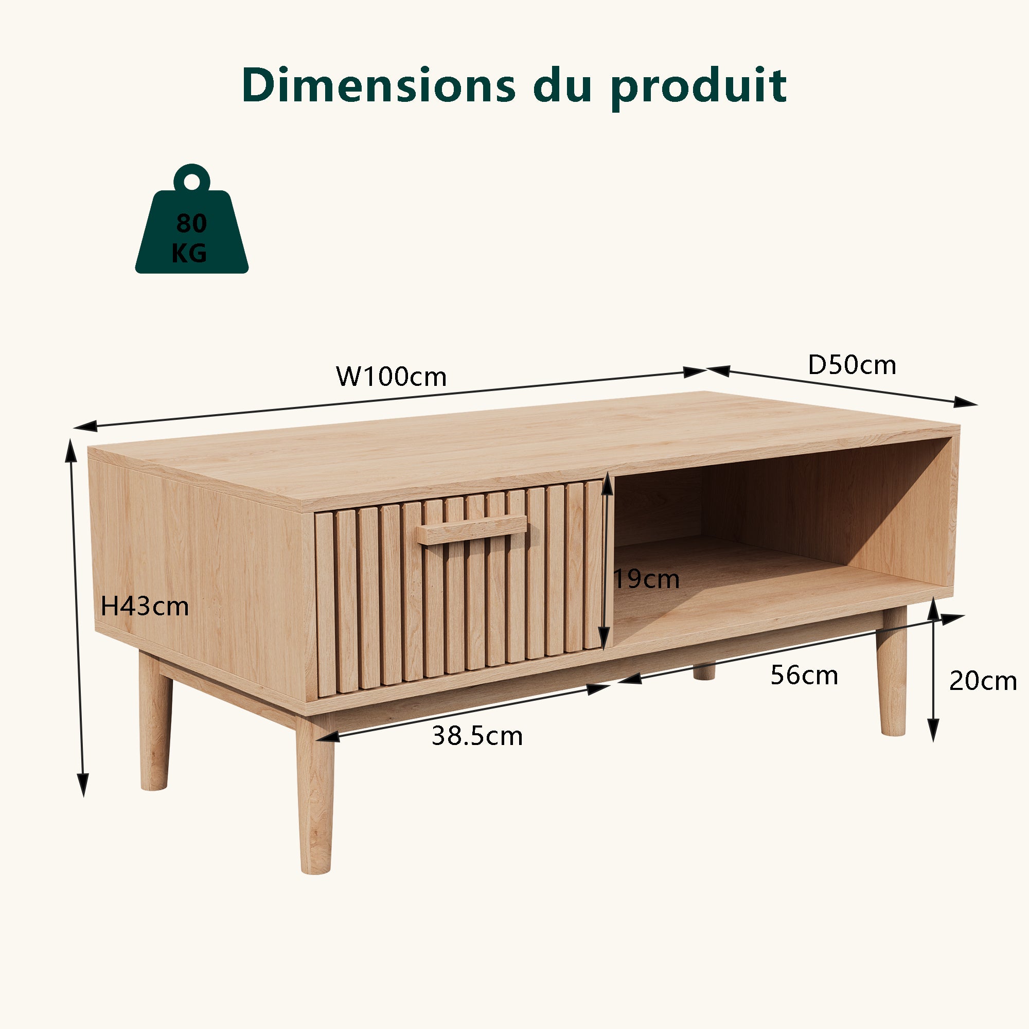 Table basse, pieds en bois massif, poignées en bois, structure en bois, table d'appoint, table basse en bois - 4