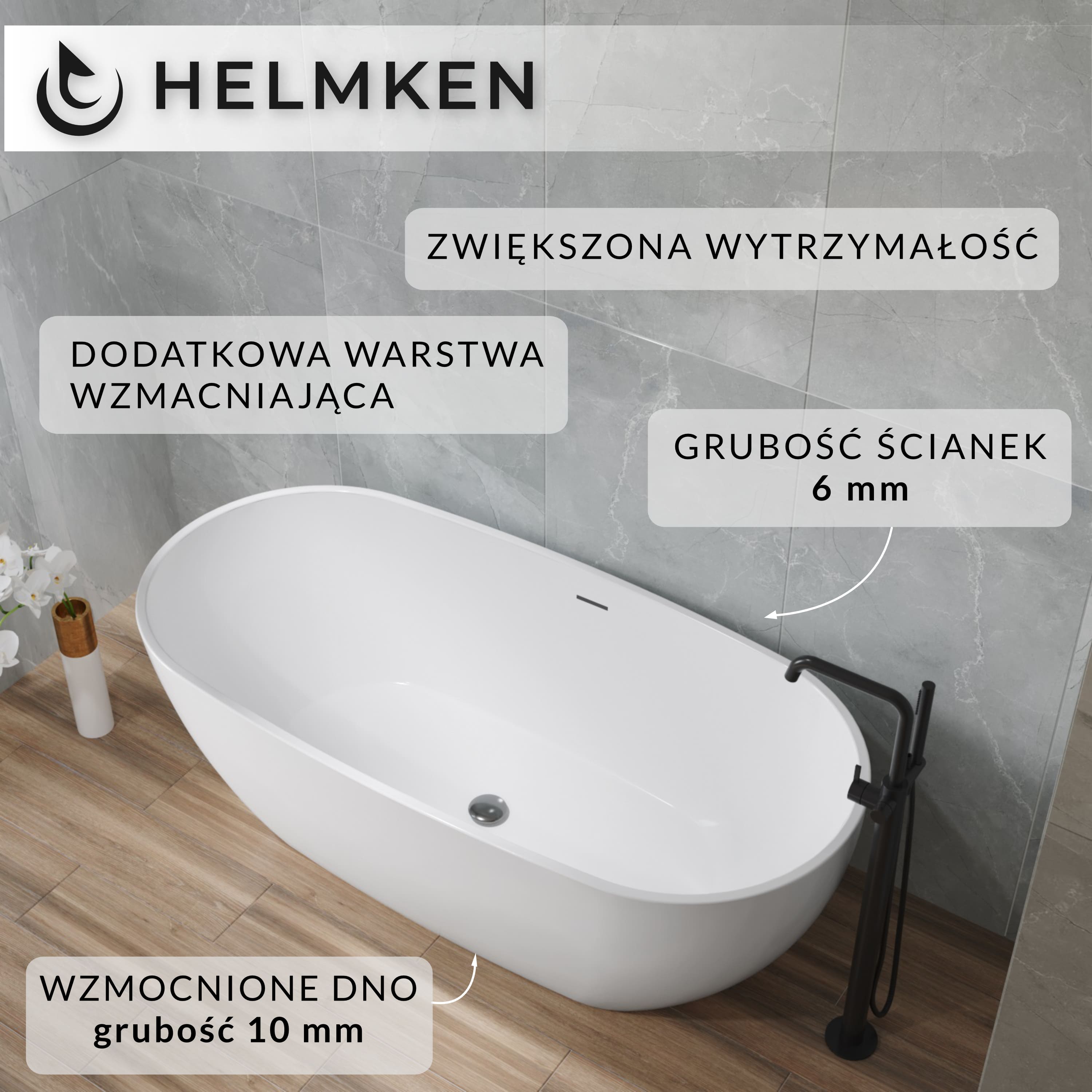 Wanna wolnostojąca akrylowa Helmken Lila 180 x 81.5 + Nóżki + Syfon / 31660280