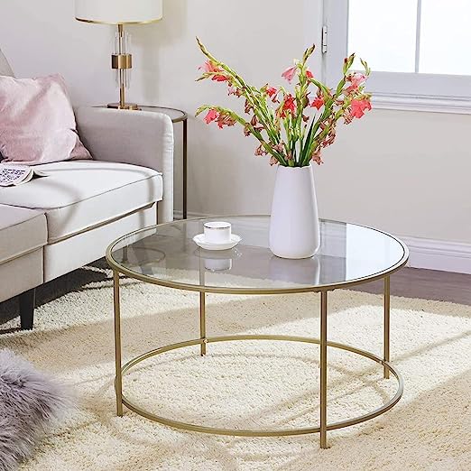 Table Basse Salon en Verre, Cadre en AER Ronde Doré - 2