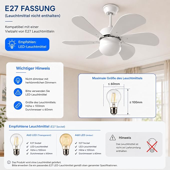 NETTLIFE Ventilateur de plafond blanc avec éclairage, télécommande, silencieux, avec minuterie, 6 pales, pour chambre à coucher - 7