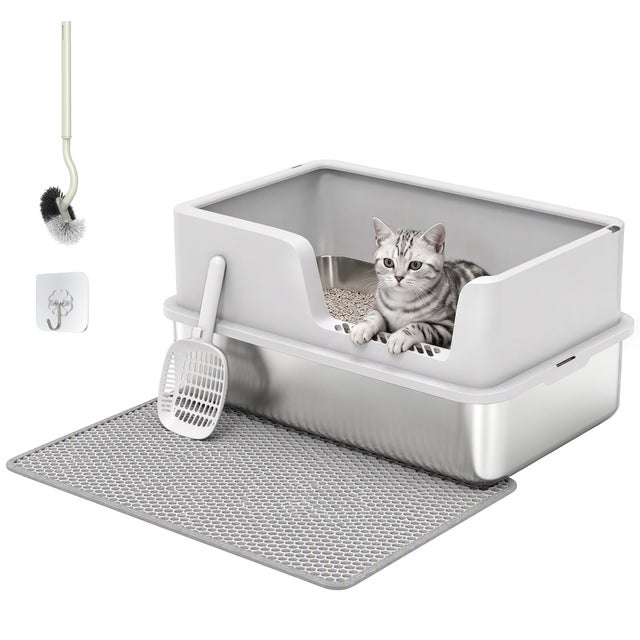 PawHut Lettiera per Gatti XL con Tappetino, Vassoio in Acciaio Inox, Paletta, Spazzola, Fino a 8 kg, Grigio Chiaro