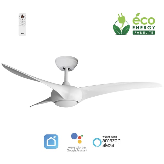 Fanelite - Ventilateur de plafond 132 cm blanc SAONA - Moteur DC 38W - LED 20W dimmable 3 couleurs - Wifi - Contrôles vocaux - 3 pales - Silencieux