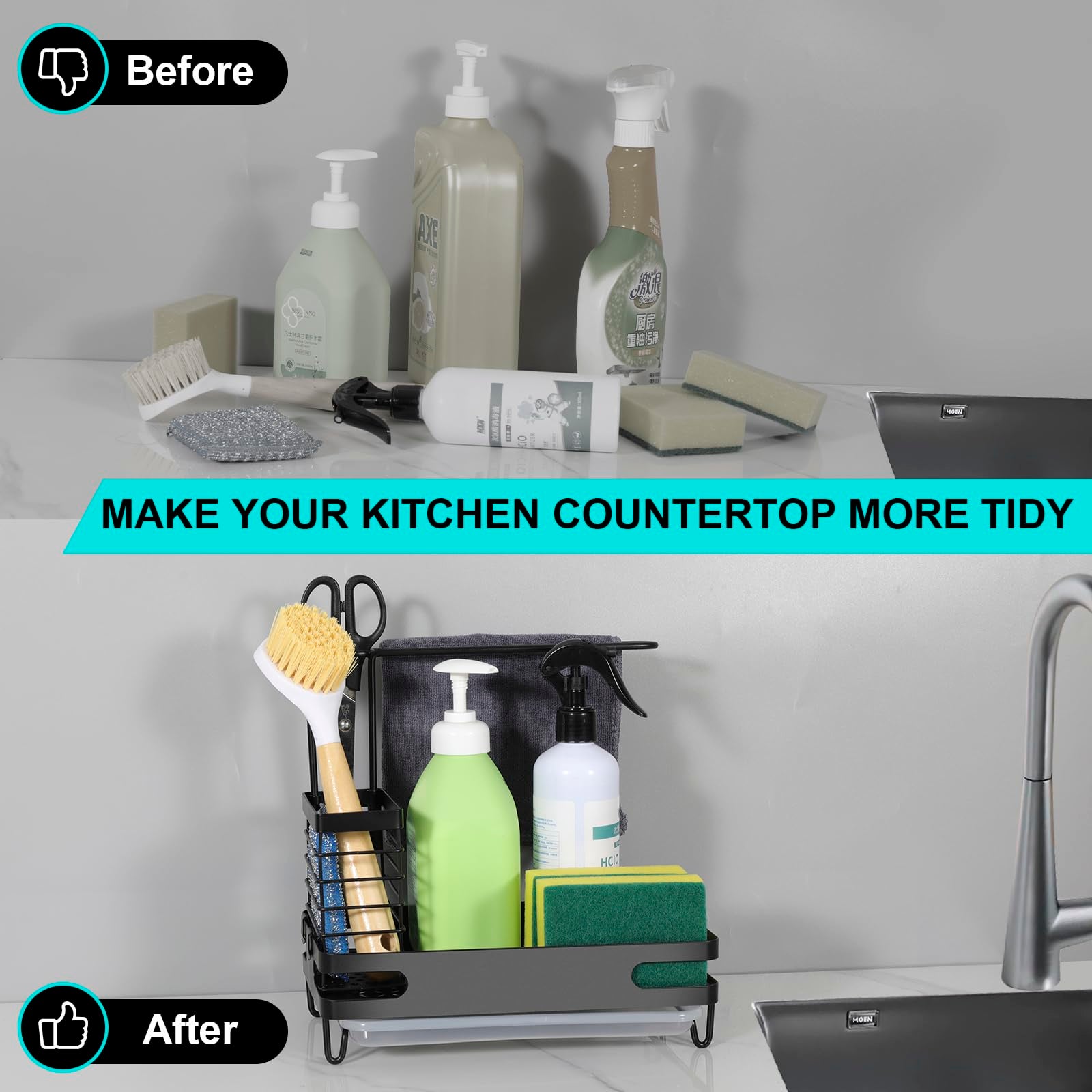 Organizador de fregadero de cocina 4 en 1 con bandeja de drenaje extraíble y 2 ganchos,organizador de fregadero de cocina de acero inoxidable - 4