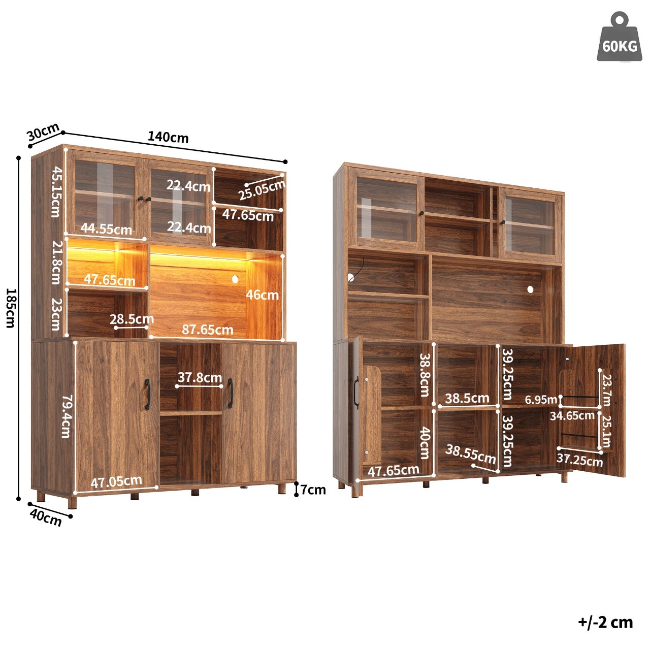 Meuble de cuisine 140×40×185 cm armoire haute avec 4 portes, LED, compartiments ouverts, en MDF, couleur marron - 4
