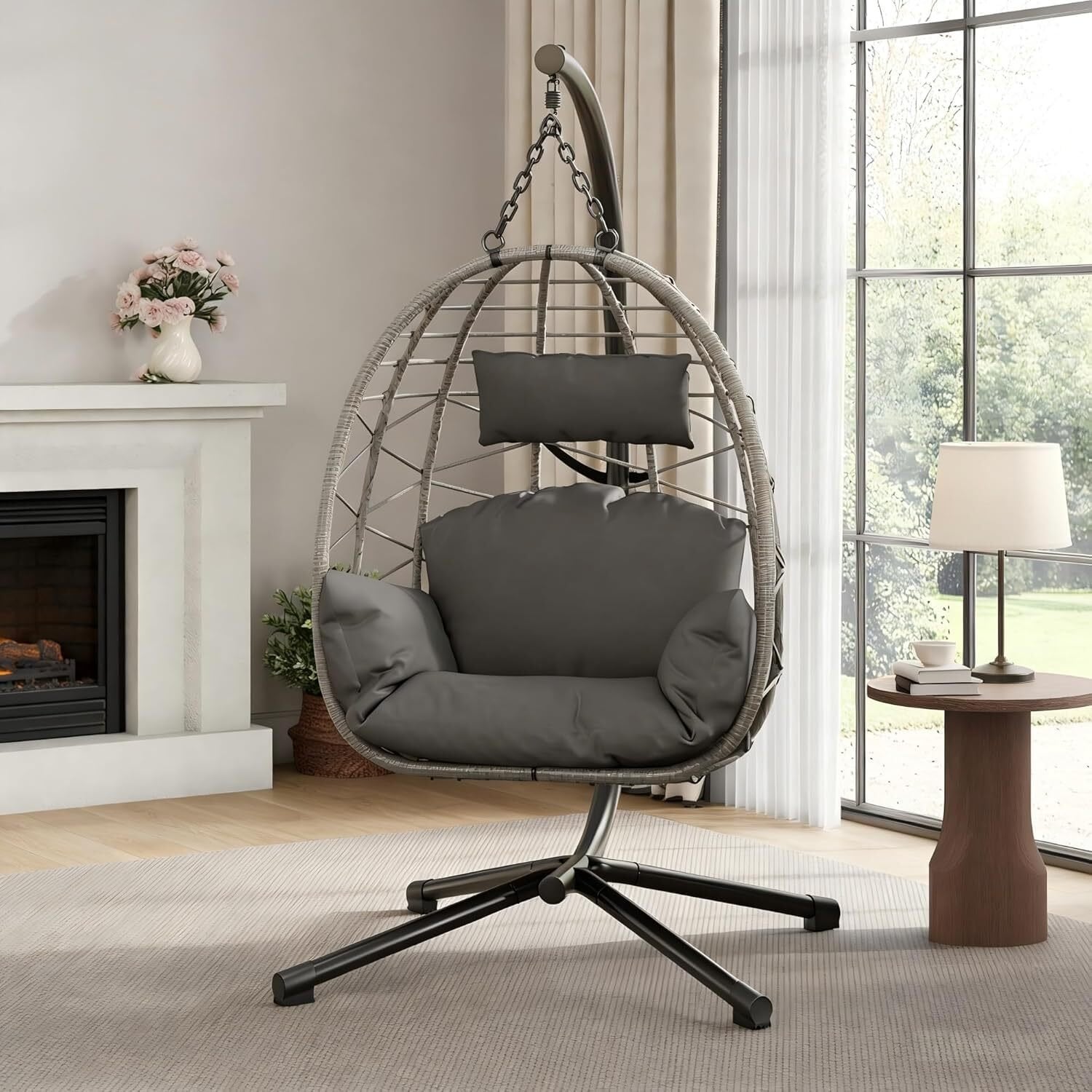 Fauteuil œuf suspendu en rotin avec support et coussin, pliable avec housse de protection, max 130 kg, pour intérieur et extérieur - 8