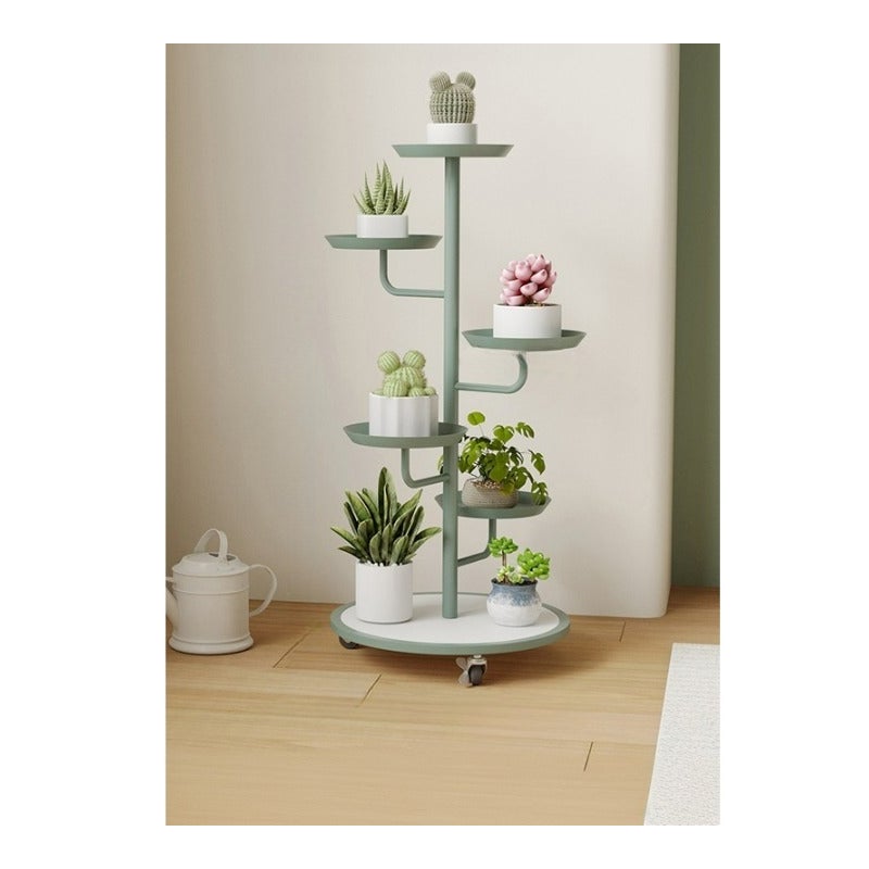 Mobilna żeliwna półka na rośliny, wielopoziomowy stojak na doniczki do salonu lub balkonu, zielony, 5 doniczek