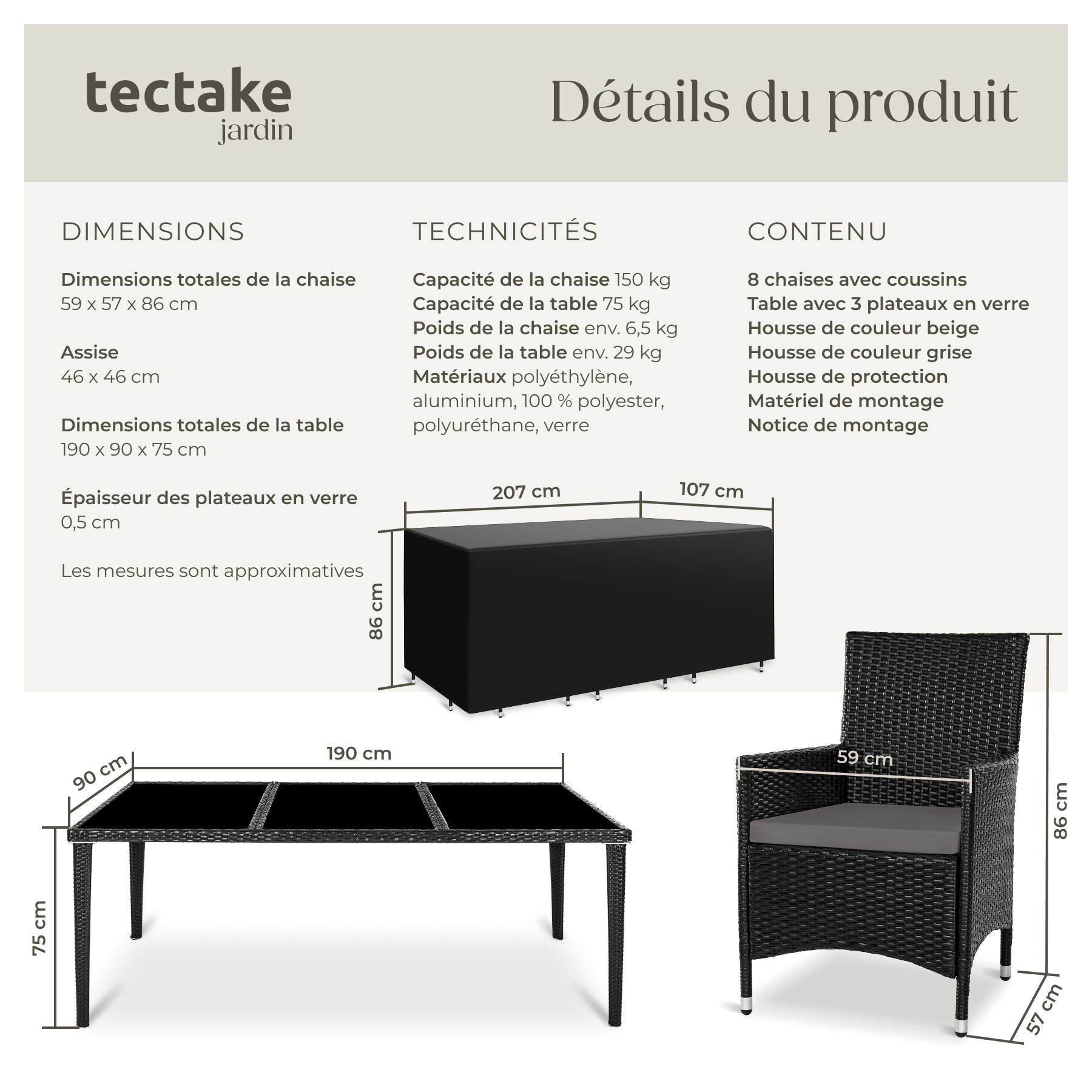 TECTAKE Conjunto de rattan e alumínio Com estrutura de alumínio - 6