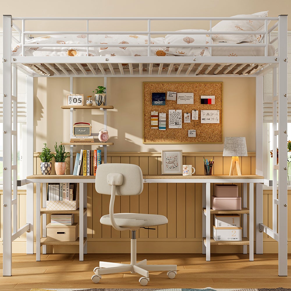Łóżko piętrowe dla dzieci ze stolikiem i półką, z boczną drabinką, odporne na wstrząsy, żelazo + MDF, białe, 90x200 cm
