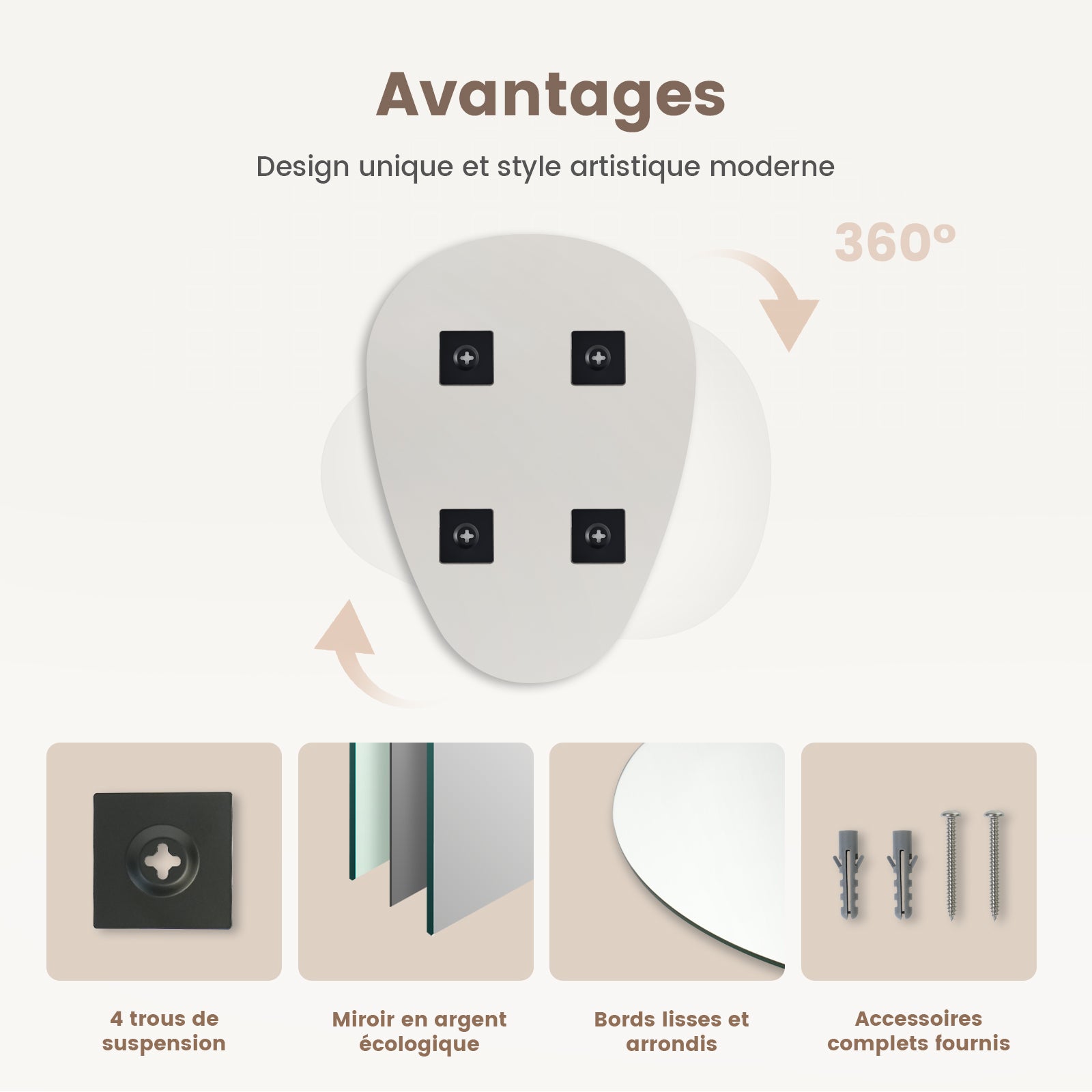 EMKE Miroir Mural en Forme de Larme 60 x 80 cm, Miroir Design Sans Cadre Suspendu Horizontal/Vertical pour Salle de Bain et Salon - 5