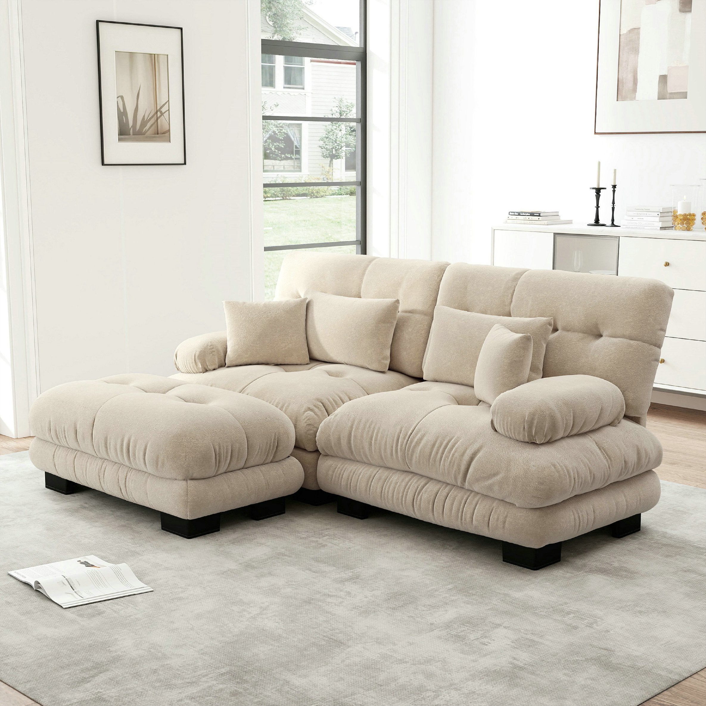 Canapé d\'angle 2 places avec 2 coussins lombaires et 2 coussins décoratifs, avec larges accoudoirs – chenille – marron clair - 4