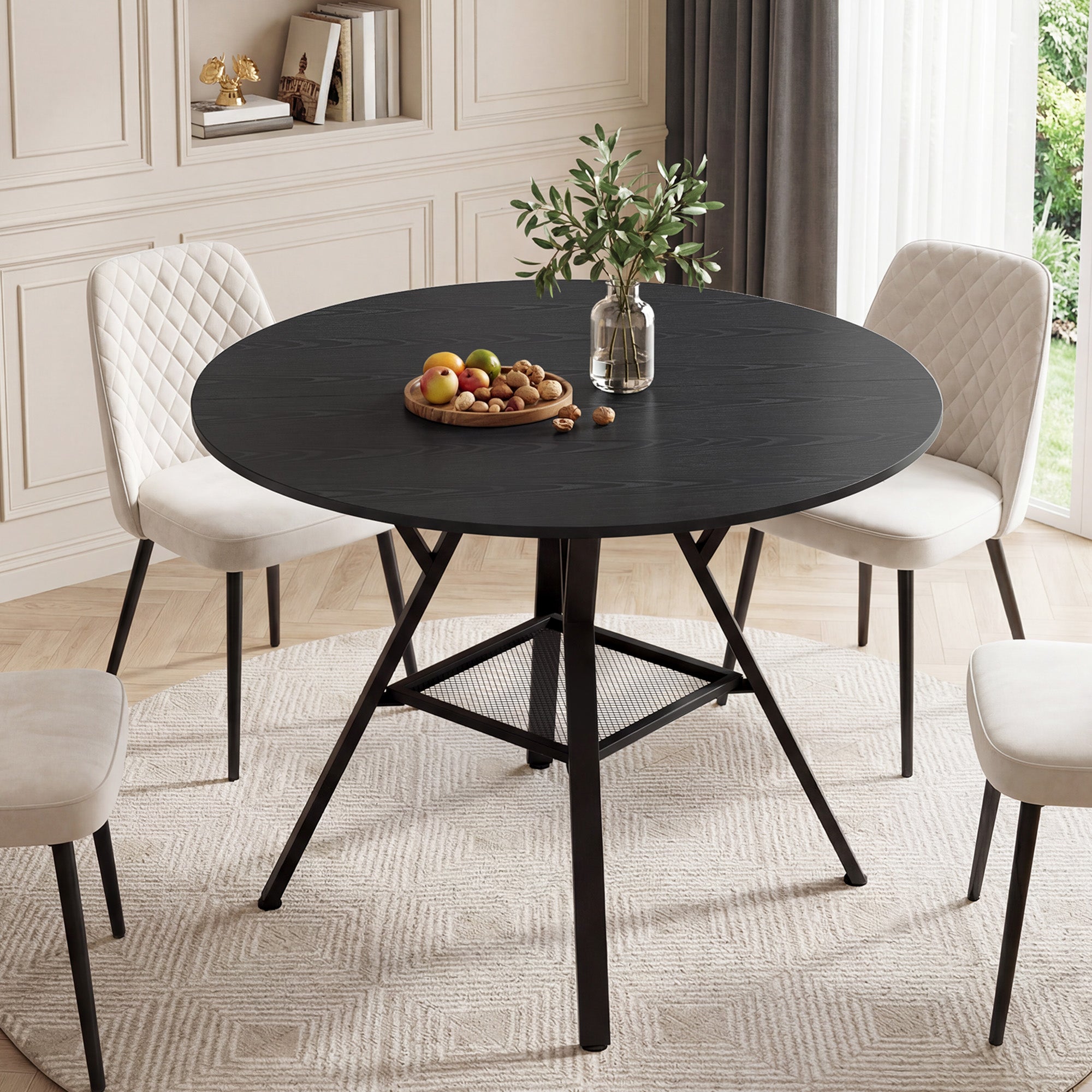 Mesa de comedor redonda moderna de madera negra y metal 100cm - Mesa de cocina industrial negra para 4-6 personas con estante de almacenamiento - 9