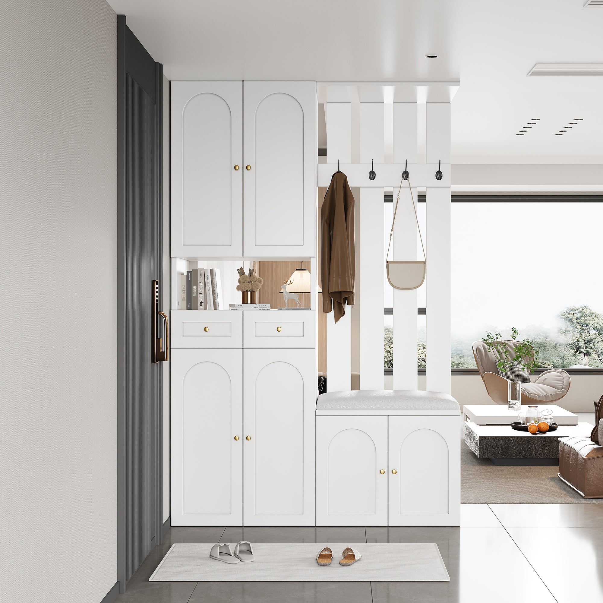 Vestiaire d'entree&nbsp;110×37×180 cm, ensemble d'armoire avec banc à chaussures, 4 crochets, 6 portes et 2 tiroirs, blanc - 2