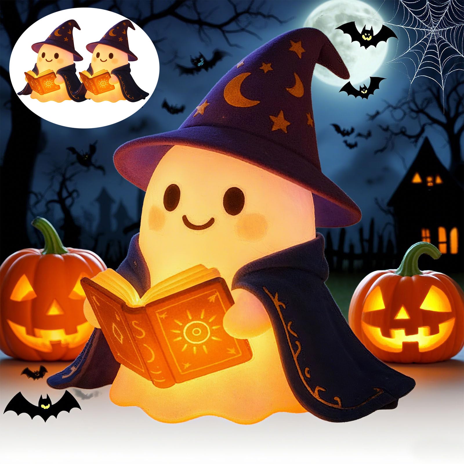 Zestaw 2 lampek nocnych LED 3D na Halloween, lampka-duch na Halloween, lampka do czytania, 12 cm, ciepłe światło