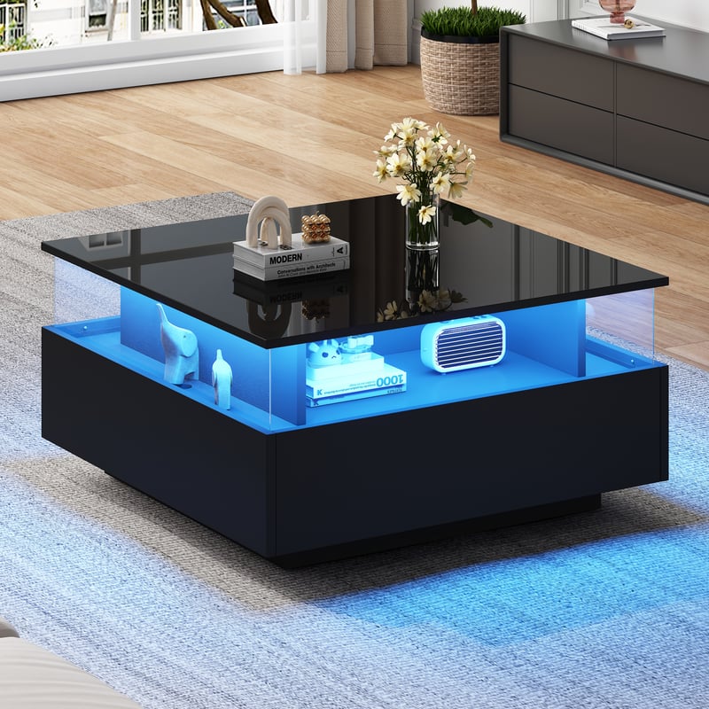 Nowoczesny stolik kawowy z 2 szufladami i przezroczystą przestrzenią - 70 x 70 x 41 cm - Diody LED - Płyta wiórowa - Czarny połysk