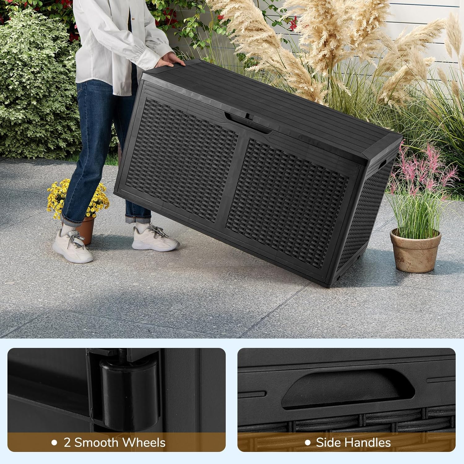 Coffre de Rangement Extérieur Étanche 380 L, Coffre Banc Jardin Exterieur avec 2 Roues, Charge 200KG (Noir,111x56x61-380L) - 6