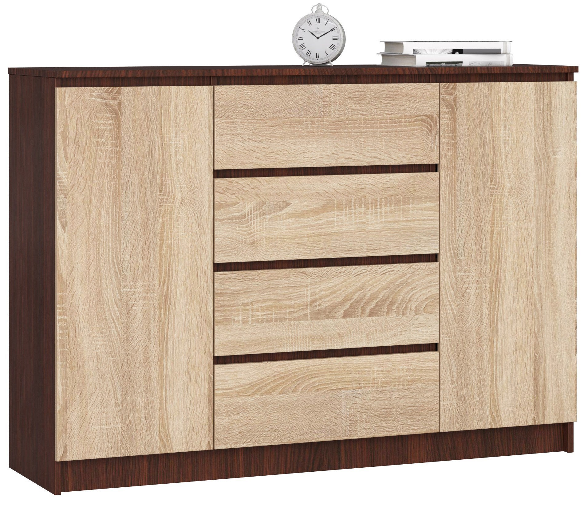 Komoda AKORD K140 Wenge 138 cm 2 drzwi 4 szuflady kolor Dąb Sonoma mat 4 półki 138x40x99 cm