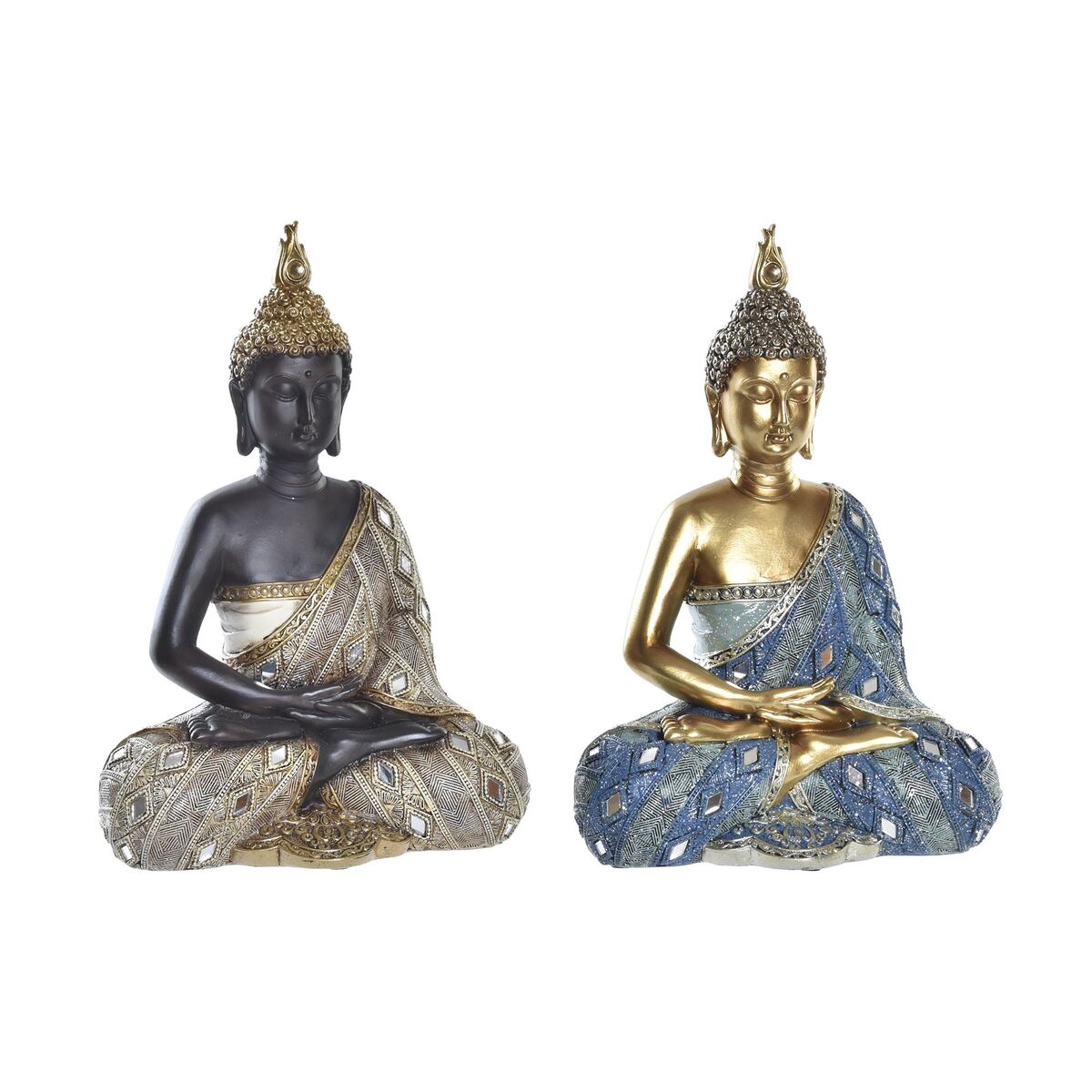 Figura decorativa dkd home decor azul dorado marrón buda resina (2 unidades) (20 x 11 x 29 cm)