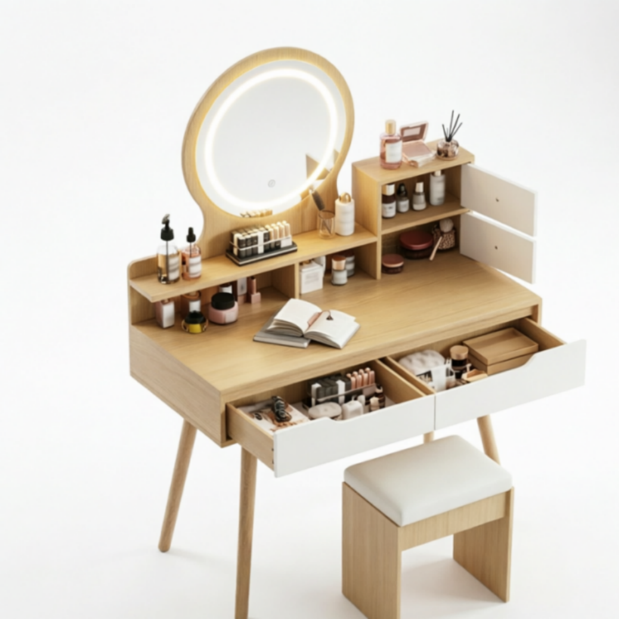 Coiffeuse，Avec miroir et éclairage LED，Lumière réglable，Avec tabouret inclus，Grande surface de travail，135 x 80 x 40 cm，Bois clair - 7