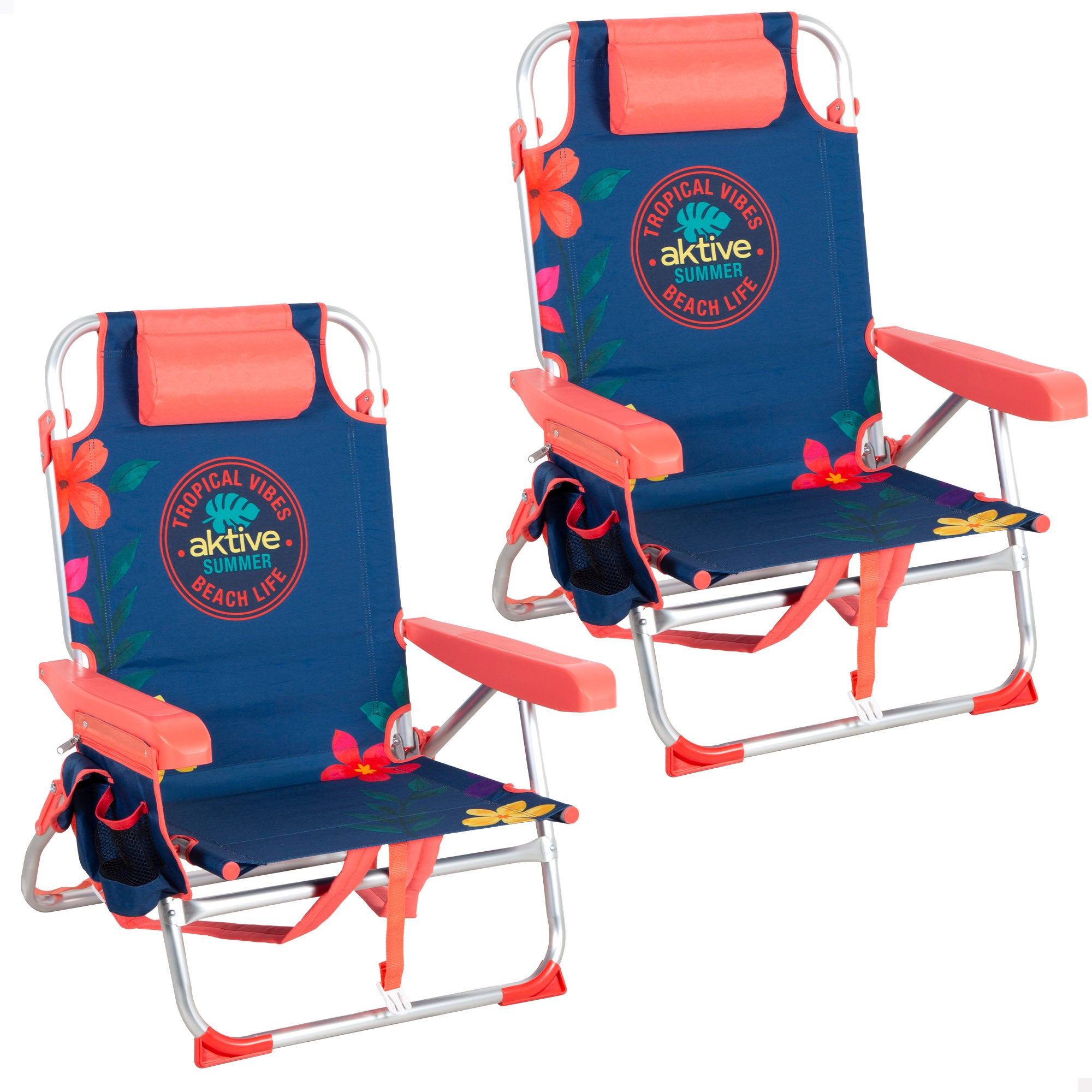 Pack 2 sillas playa medio multiposición 50x54x80 cm flores multicolor con bolsillos