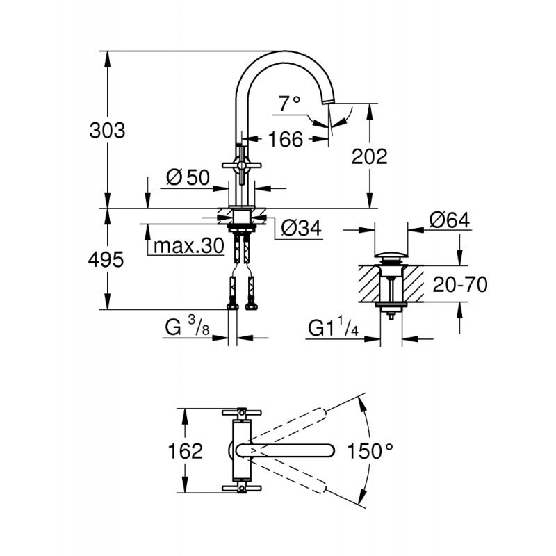 Baterie lavoar Grohe 21019AL3, Atrio, 3/8'', L, 303 mm, ventil, lucios, grafit