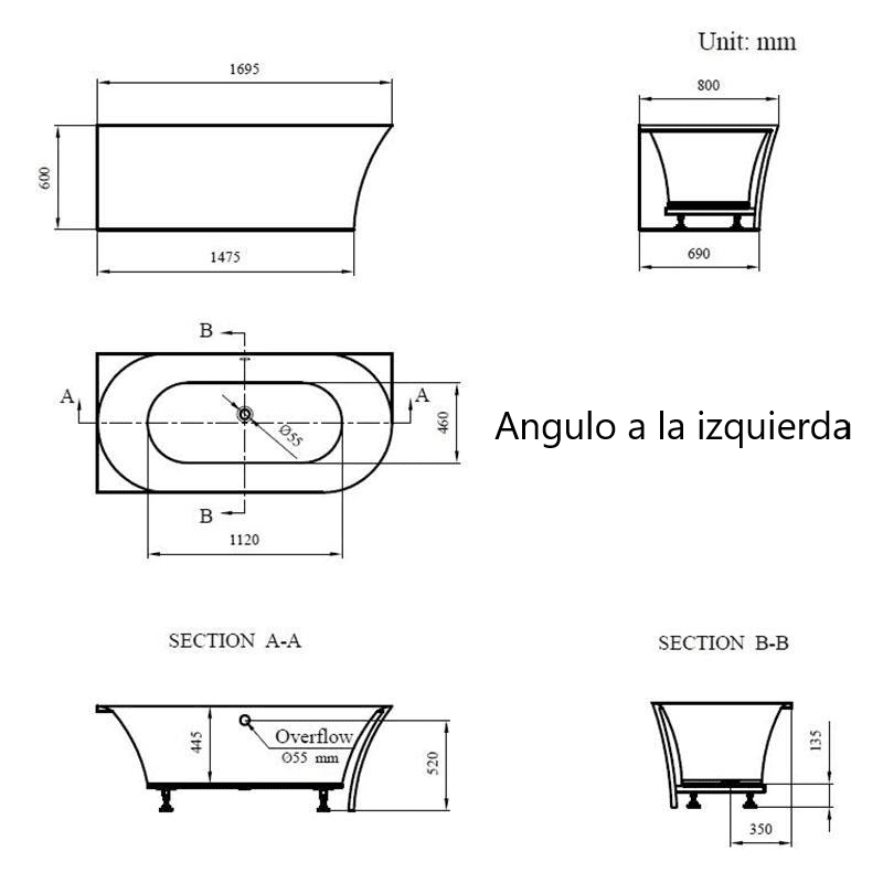 Baignoire semi-îlot design ELIZABETH blanche 170 cm Angle à droite - 5