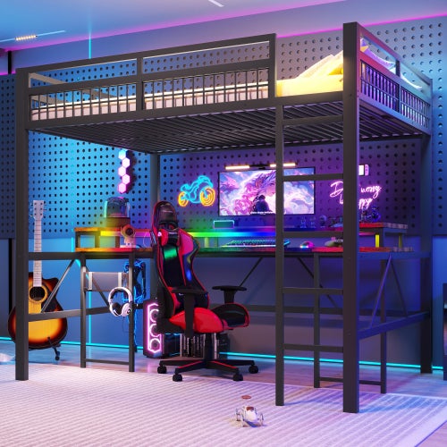 Lit Mezzanine 2 Place avec LED et USBTypeC, Lit Superposé Enfant 140x200 avec bureau et paroi perforée, Structure en fer Noir(Sans Matelas) - 2