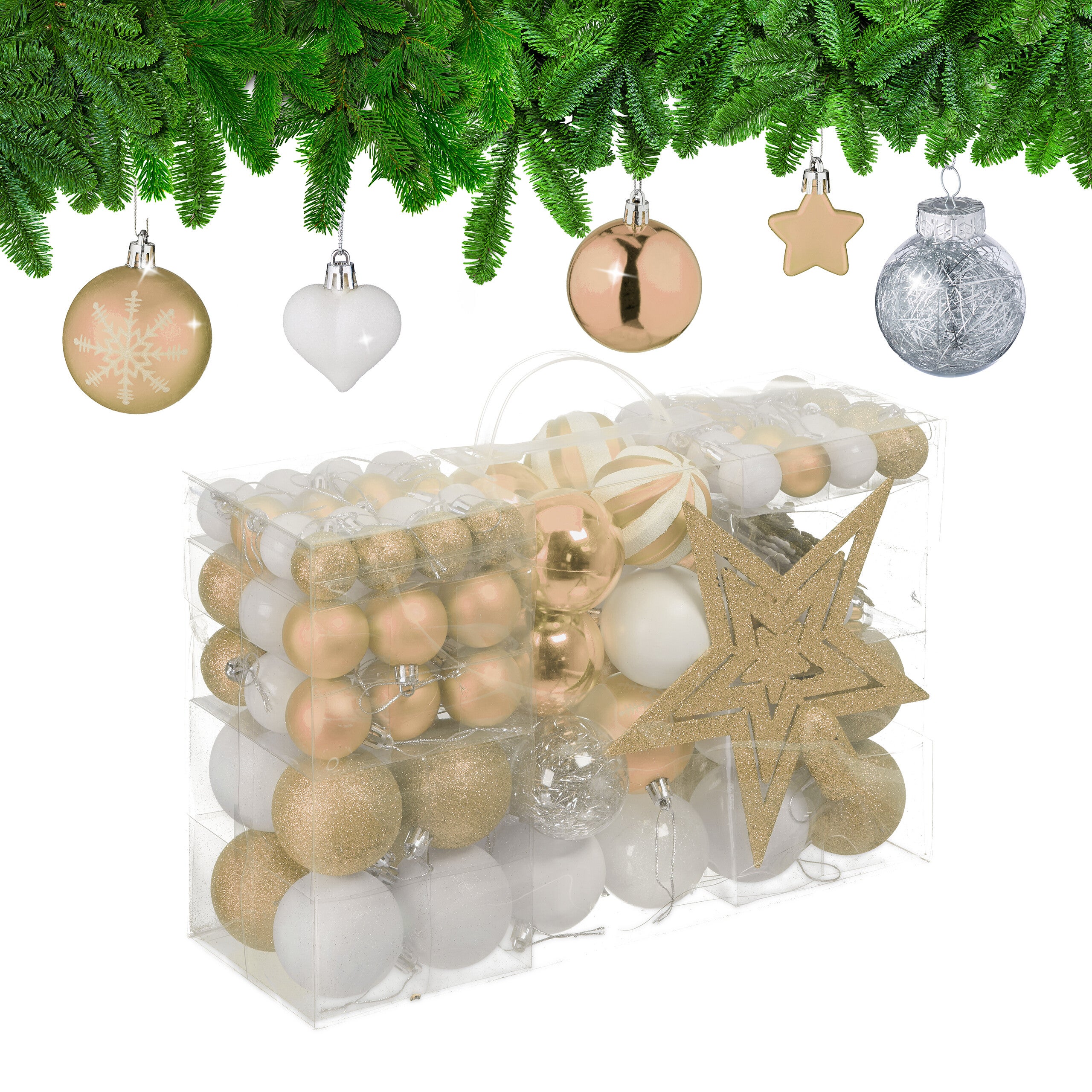 Palline di Natale, Set 101 Addobbi Natalizi in Plastica, Decorazioni per Albero, Design, Punta, Champagne, Relaxdays | Leroy Merlin