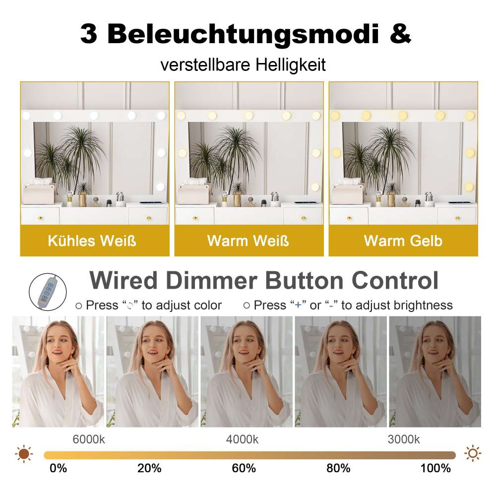 Tavolo Trucco con LED 3 Modalità, 4 Cassetti, Sgabello Incluso, Presa E Supporto Phon – Make-up e Styling - 6