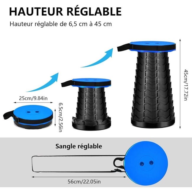 Tabouret Pliant Portable 220 LBS - Tabouret Télescopique Réglable 6-41 Cm Pour Camping Et Extérieur