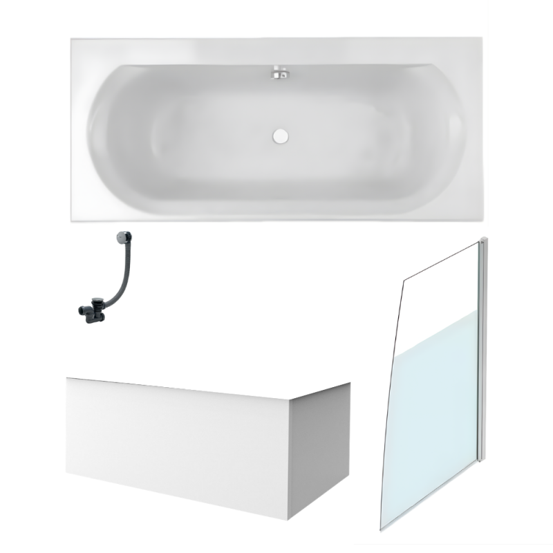 Bañera recta acrílica elise de 170 x 75 cm + mampara de baño recta + faldón de esquina + desagüe