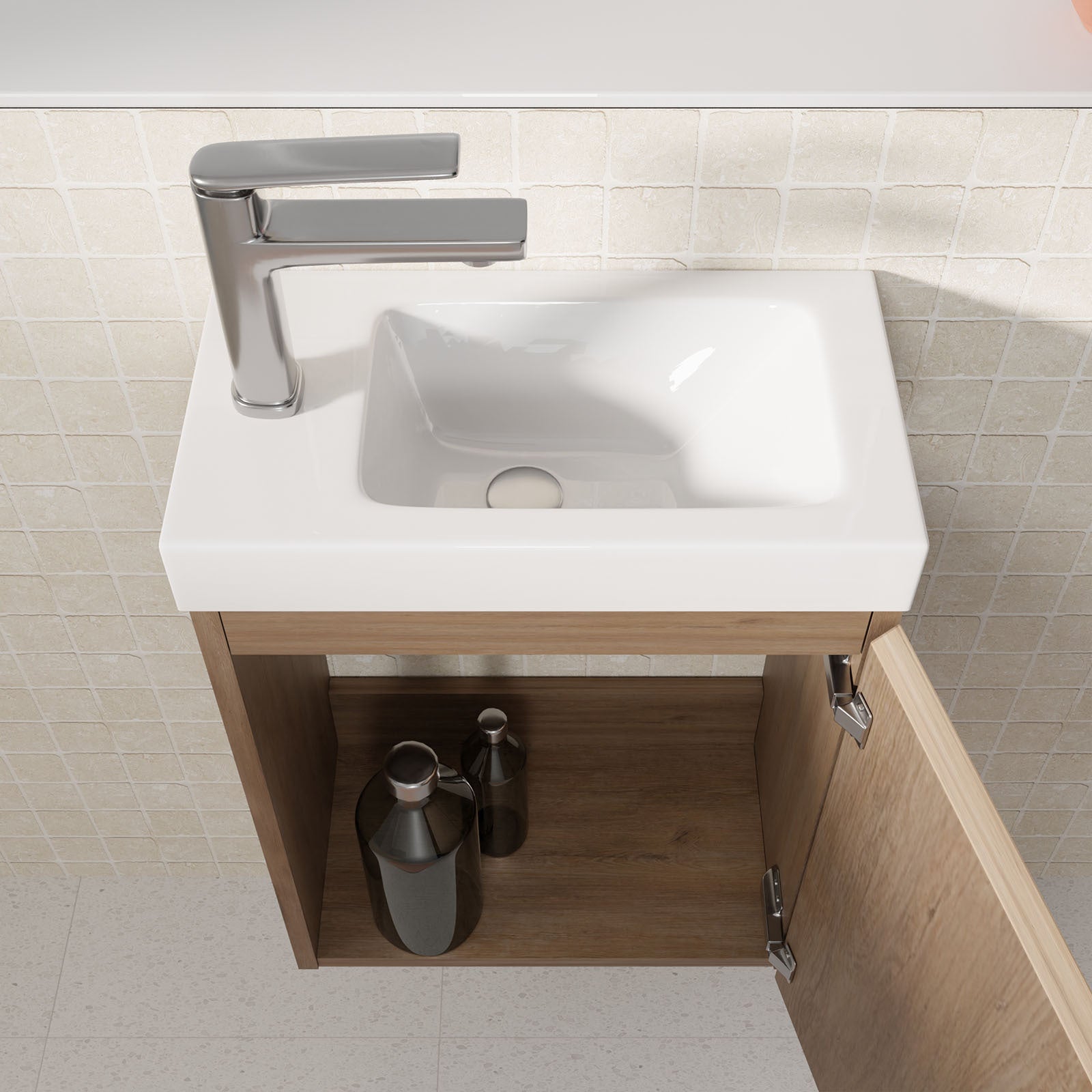 Meuble Lave Mains Décor Bois 40x50x22 cm avec Vasque en SMC Blanche - ELEMENTARY - 7