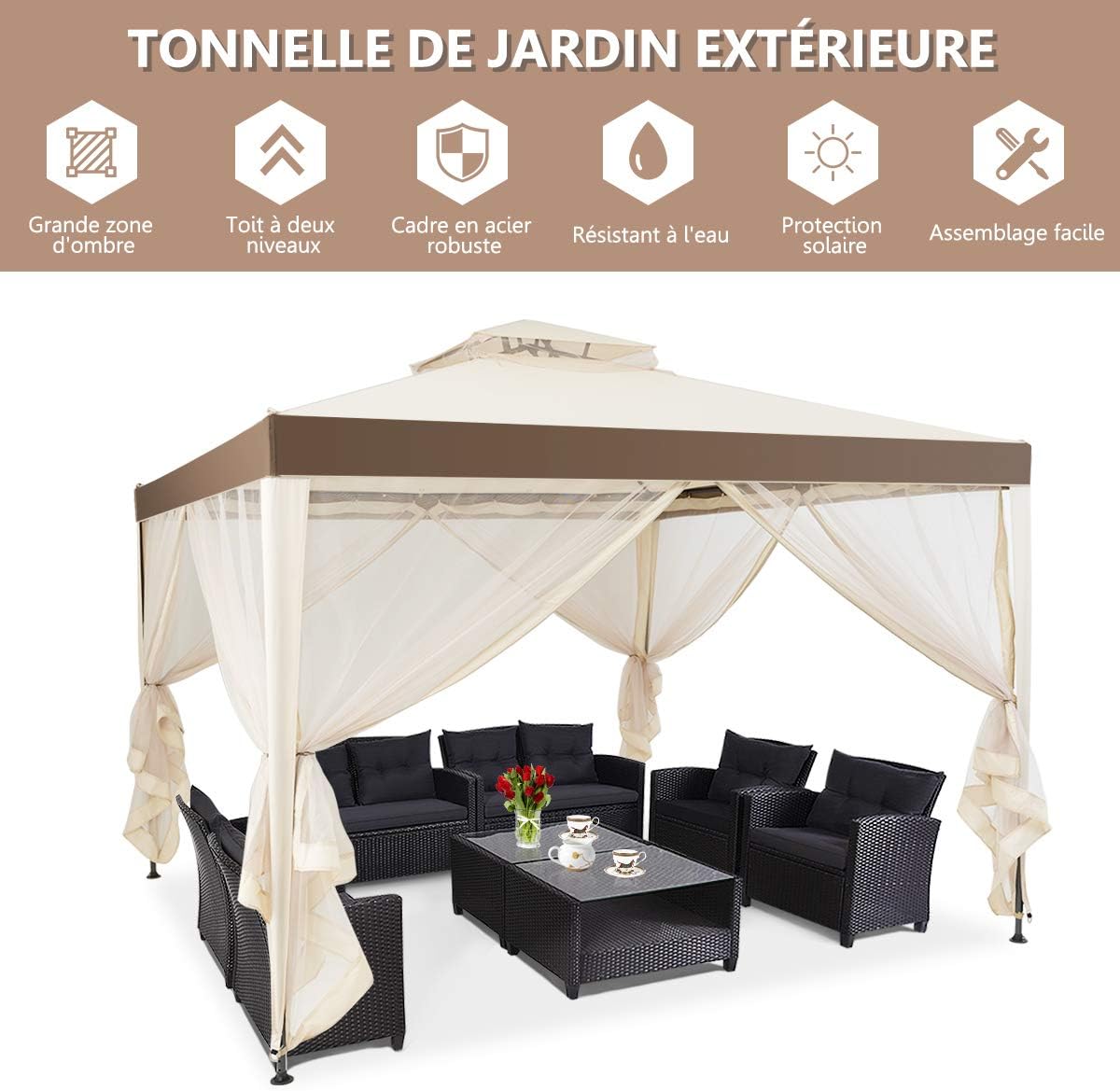 Pavillon de Jardin 3x3m UV50+, Tonnelle Autoportant Imperméable avec 4 Moustiquaires Amovibles pour Jardin/Terrasse/Réception, Beige - 5