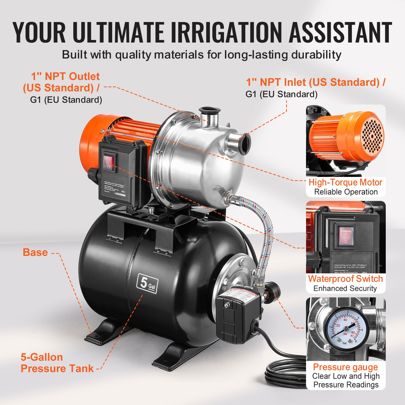 Bomba para Pozos Poco Profundos SucceBuy 1,6 HP con Tanque a Presión de 5 Galones,1320 GPH,Sobrepresor de Riego Automático,Presostato 30/50 PSI - 8