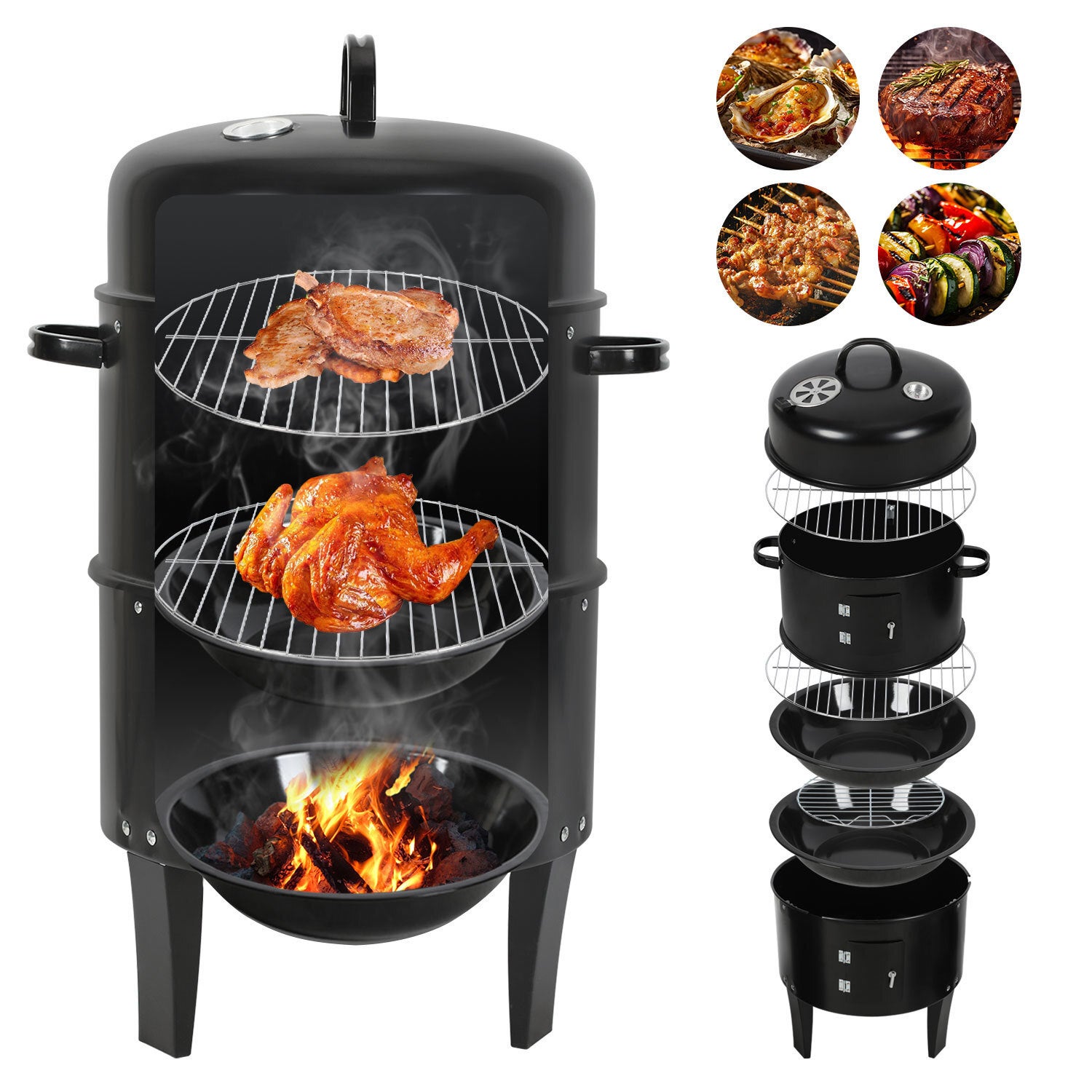 Wędzarni 3 w 1 pionowa Grill węglowy BBQ z termometrem 40 x 80 cm Kombinacja wędzarni i grilla z możliwością rozdzielenia